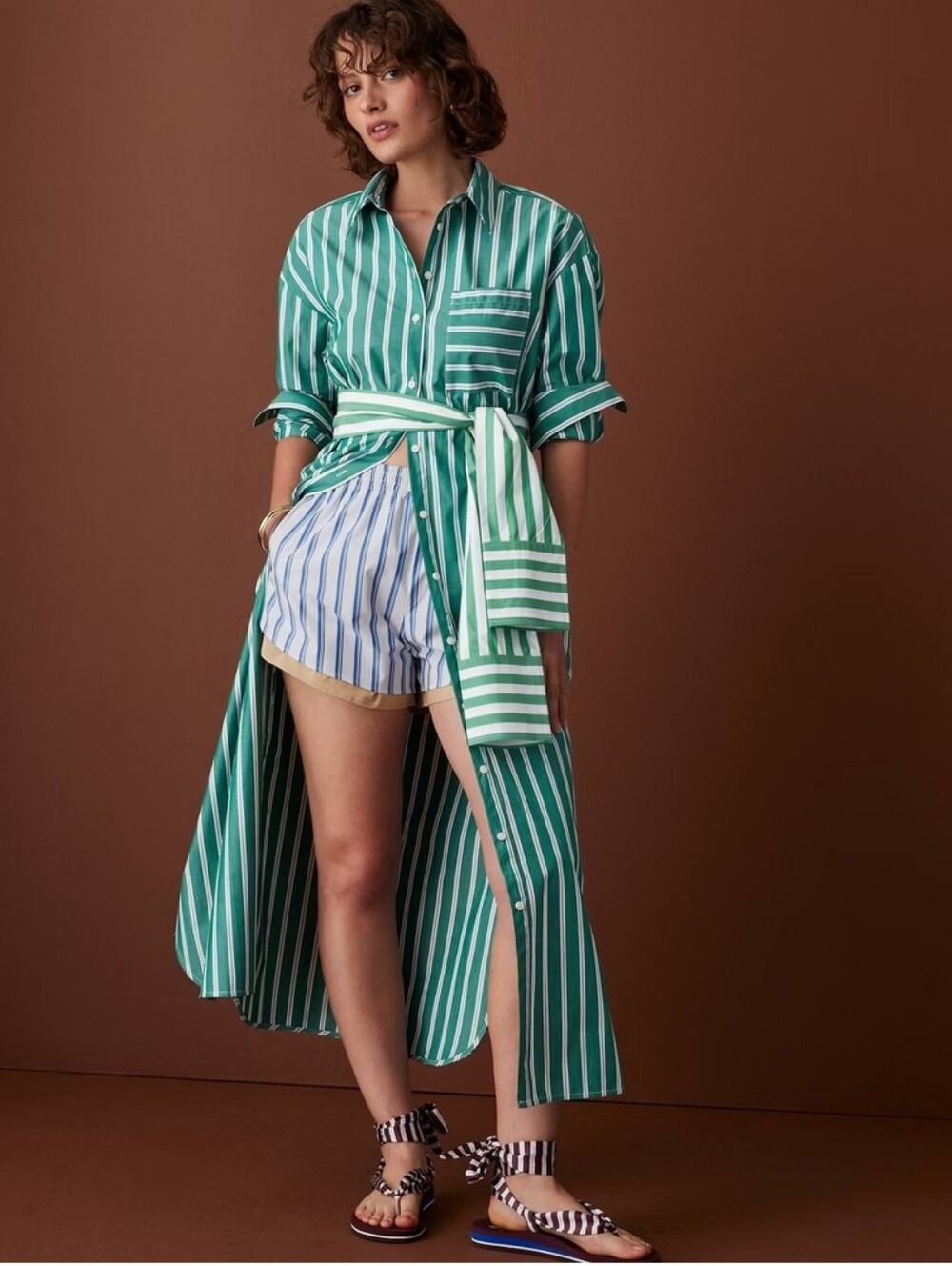 Rosie Assoulin Green and White Striped Shirt Dress with Belt